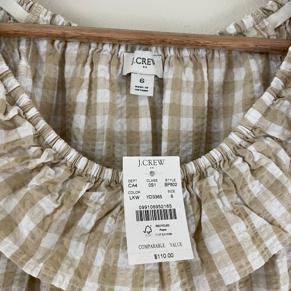 J Crew Light Khaki White Seersucker Ruffle Neck Mini Dress Size 6 - Picture 3 of 6